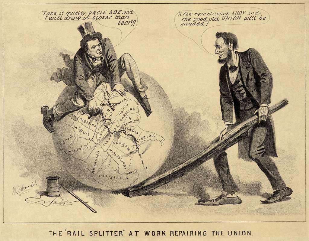 "The Rail Splitter Repairing the Union" — a political cartoon of Andrew Johnson and Abraham Lincoln from 1865, during the Reconstruction era of the United States (1863–1877).