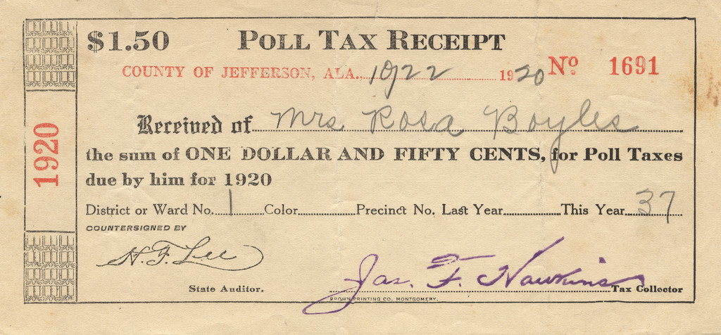 Poll Tax receipt for Rosa Boyles of Jefferson County, Alabama, October 22, 1920