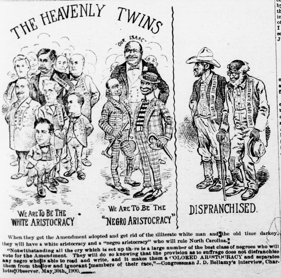 Political cartoon from The Caucasian of Raleigh criticizing the Suffrage Amendment's literacy test in North Carolina for potentially disenfranchising the poor and creating a political oligarchy